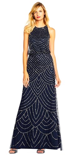Adrianna Papell Women's Beaded Halter Long Dress, Navy, 6 | Floor Length Formal Gown with Scalloped Beading & Bloused Bodice