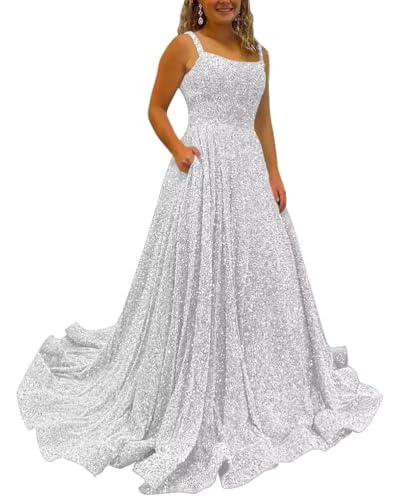 yinyyinhs Spaghetti Straps Sequin Prom Dresses for Teens Long Plus Size Sparkly A Line Formal Dress for Women Square Neck Evening Party Ball Gowns White US30