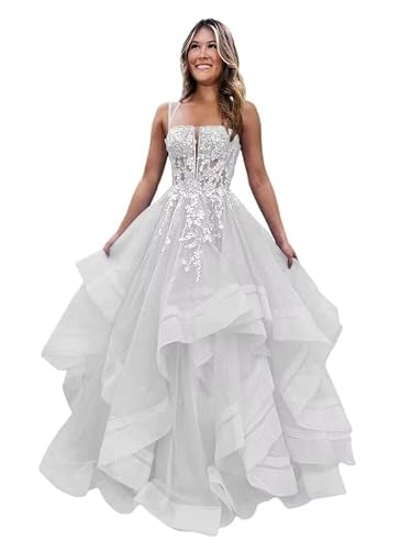 Tiered Prom Dresses for Women Teens Lace Ball Gown Formal Evening Gowns Wedding Dress White US28W Plus Size