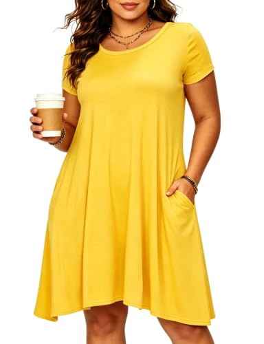 Afibi Womens Short Sleeve Loose Pockets Dress Casual Swing T-Shirt Dresses (XXX-Large, Yellow)