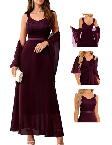 Holiday Party Lace Maxi 2 Piece Chiffon Shawl V Neck Gown Burgundy 2XL | Elegant 2-Piece Lace Maxi Gown with Chiffon Shawl, V Neck Formal Dress for Christmas Holiday Party Cocktail Evening Gala