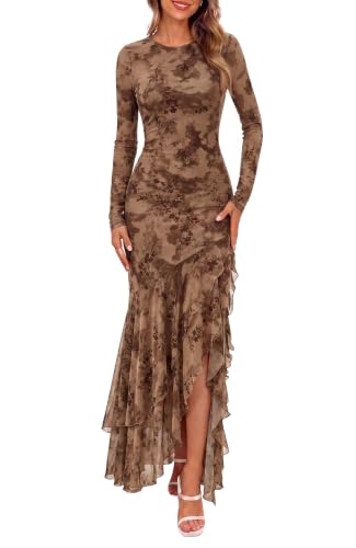 BTFBM Fall Dresses for Women 2026 Long Sleeve Cocktail Dress | Crew Neck,Mesh,Asymmetric Ruffle Hem,Bodycon,High Slit,Floral,Wedding Guest Dresses,Homecoming,Party,Prom,Bridesmaid,Vacation