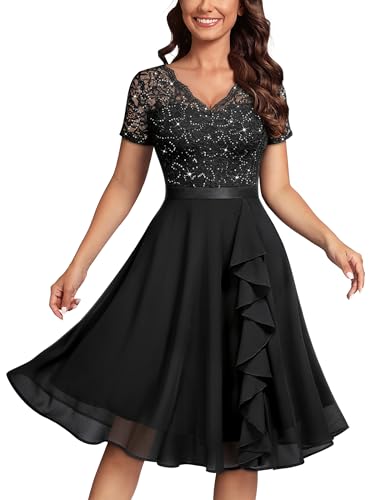 MISSMAY Women's Elegant Style Sequin Lace A-Line Cocktail Party Dress (XX-Large, Black)