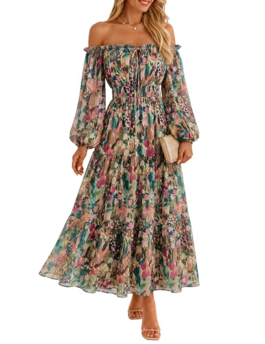 ZESICA Womens 2026 Fall Long Sleeve Floral Maxi Dress Green S | Off Shoulder,Wedding Guest Chiffon Dress,Side Pockets,Cocktail Party,Holiday,A Line Flowy,High Waisted Dress,Summer dress