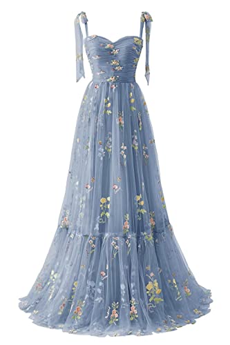 UZN Cinderella Tulle Prom Dresses Long Ball Gowns Sweetheart Spaghetti Strap Flower Embroidery Formal Evening Gowns for Women Dusty Blue Size 0