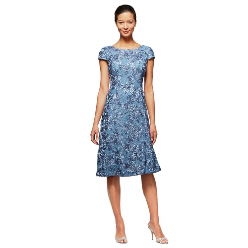 Alex Evenings Women's Tea Length Cap Sleeve Rosette Dress (Petite and Regular), Periwinkle, 14P