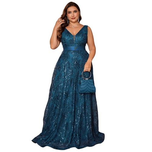 BluePlum Plus Size Formal Dresses for Women 2025, Cocktail Dresses with V-Neck, A-Line Wedding Guest Dresses Maxi Elegant Dress for Party, Peacock Blue, Size L