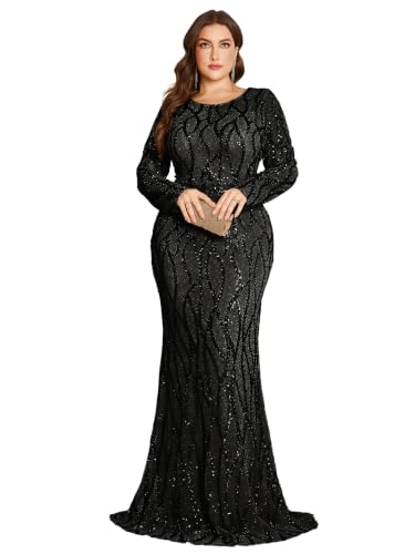 Women's Plus Size Sequin Mermaid Evening Gown, Long Sleeve Black 1XL
