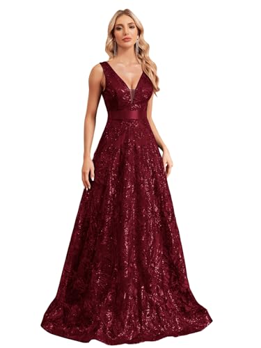 Sleeveless Glitter Sequined Womens Long Formal Gown Aline Prom Dress for Anchorwoman Floor Length Evening Dress Burgundy XXL
