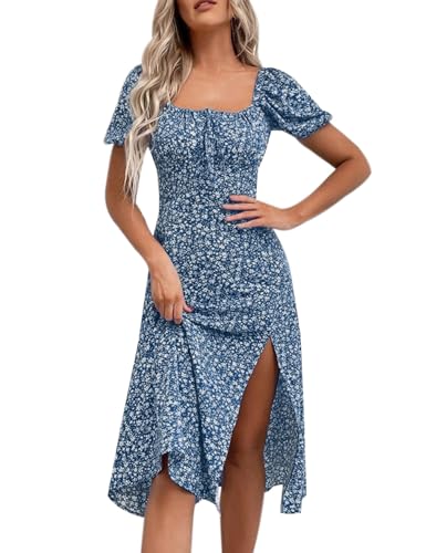 SPRIME Womens Floral Summer Casual Dress Square Neck Puff Sleeve Boho Midi Dresses Ruched High Waist Split Long Dress (Dark Blue Floral, Small)