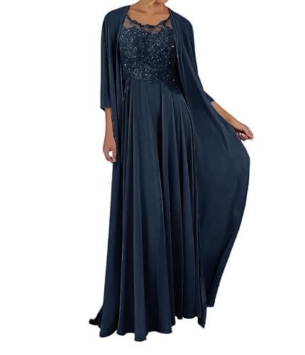 Caodip Women's Lace Mother of The Groom Dresses with Jacket Long Chiffon Evening Formal Dress Navy, 22