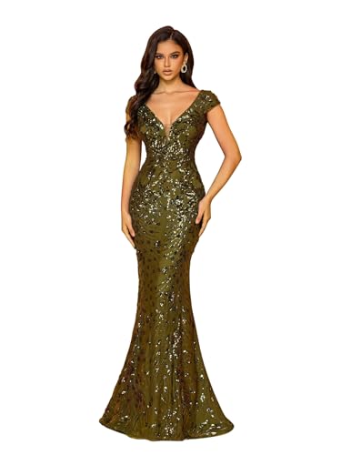 Womens Sequined Long Evening Gown Glamous Sleeveless V-Neck Mermaid Prom Dress for Wedding Party Club Occasions Olive Green M