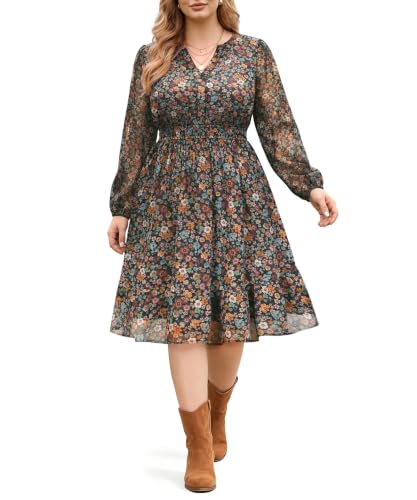 RITERA Plus Size Women Floral Chiffon Midi Dress Long Sleeve V Neck 5X