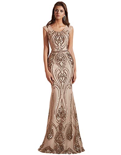 Ikerenwedding Sequin Dress for Women Mermaid Sleeveless Lace-up Scoop Evening Dress Champagne US14