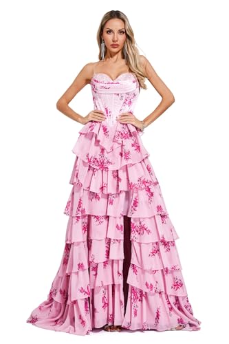 Datangep Pink Chiffon Floral Print Tiered Prom Dresses Slit Evening Dress Celebrity Pageant Gowns US2