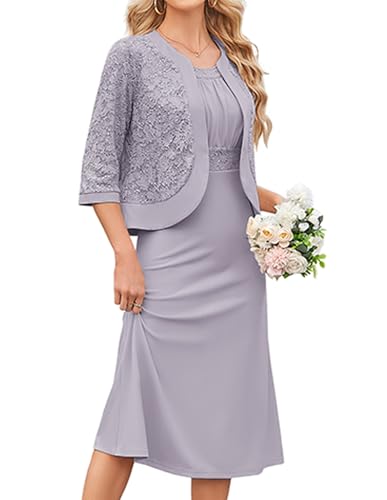 GRACE KARIN Women Lace Sequin Mother of the Bride Dress Purple Gray L | Two Piece,3/4 Sleeve,Tea Length,Crew Neck,Tank Dress,Lace Sequin Jacket,Spring Summer Fall Winter Prom Party Bridesmaid