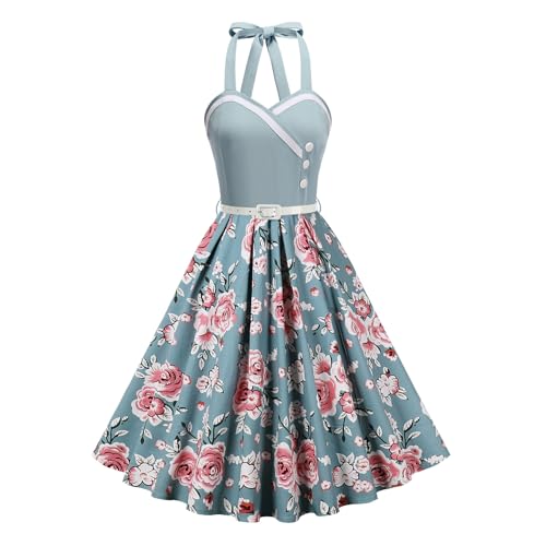 50s Pinup Dresses for Women Vintage 1950s Dress Retro Cocktail Party Swing Dresses with Belt 1950's 50's Style Floral Rockabilly Audrey Hepburn Dress 1940s 1960s Tea Party Pin up Outfits Green XL