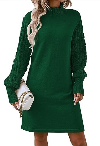Pink Queen Women's Elegant Long Balloon Sleeve Knit Dress Winter High Neck Warm Dress Empire Waist Evening Out Pullover Tunic Mini Sweater Dresses Green S