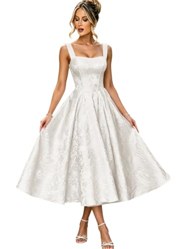 Eightale Tea Length Bridesmaid Dresses Satin White Formal Evening Gown US 4 | Square Neck design,Floral Jacquard Satin Fabric,Corset Bodice,A‑Line Silhouette,Midi Tea Length Cut