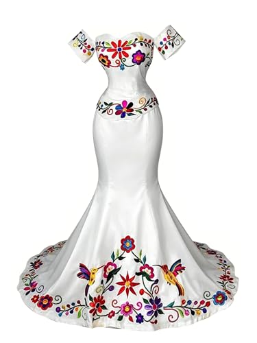 Mexican Charro White Wedding Quinceanera Dresses with Sleeves Long Train Colorful Flower Embroidery XV for DAMA Ball Gown Mermaid Women Teen Junior Country Style Off Shoulder 18W