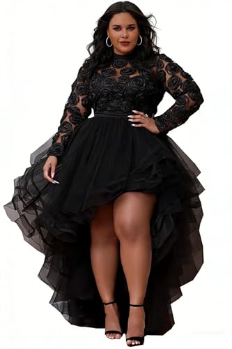 A line Front Short Long Back Sheer Jewel Neck Long Sleeves Wedding Guest Party Prom Evening Dresses with Ruffles Flowers Illusion Designer Tulle Gothic Black 12