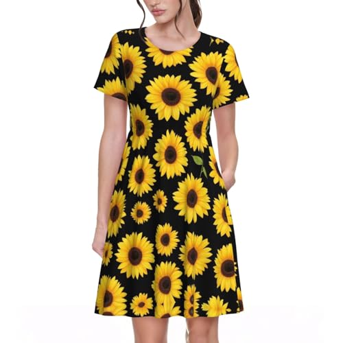 Summer Casual Floral Black Yellow Flowers Sunflower Long Dress for Women Girls Ladies - Short Sleeves Comfort-Fit Swing Dress Elegant Party Dress Knee Length Skirt
