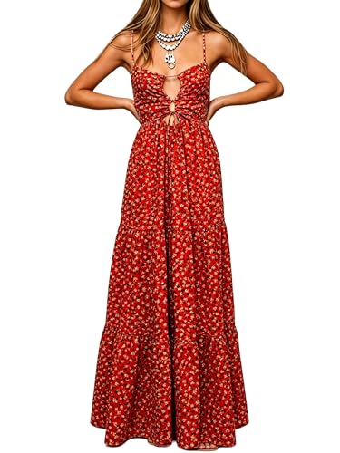 Mokayee Maxi Dresses for Women 2026 Red Floral Sleeveless Strap Low Cut Tie Front Sexy Smocked Ruffle Tiered Tank Flowy Wedding Guest Vacation Beach Long Milk Maid Dress Boho Flower Sundresses S