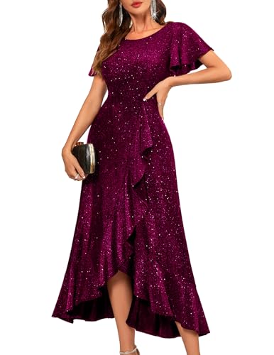 BeryLove Womens Sequin Dress for Women Sparkly Bridesmaid Gown Dark Rose XL | Sparkly bridesmaid gowns elegant wedding guest wear and cocktail party outfit with comfortable flowy flutter sleeves