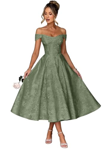 Neolt Tea Length Sage Green Prom Dresses A Line Off Shoulder Formal Gown