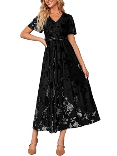 Simplee Womens Winter Formal Wedding Guest Velvet Maxi Dress Floral Elegant Party V Neck Short Sleeve Long Dress (Large Black)