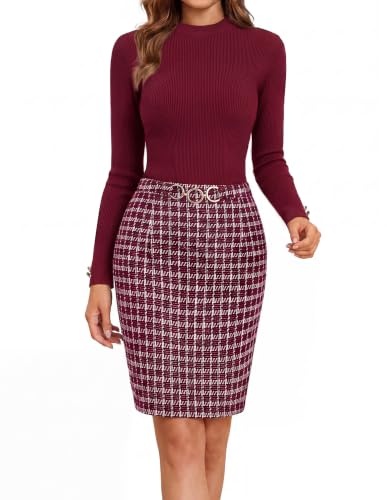 GRACE KARIN Women Long Sleeve Work Business Pencil Tweed Dress Wine L