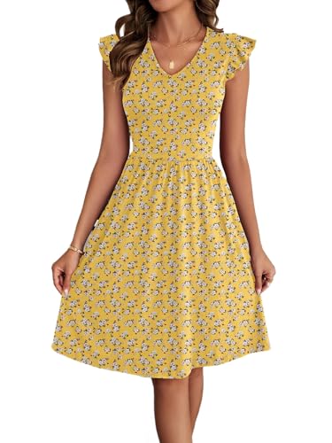HELYO Summer Dress for Women Petite 2026 Casual Beach Cute V Neck Short Work Floral Print Ruffle Sleeve Cocktail Pockets Dresses 648 Yellow Floral S