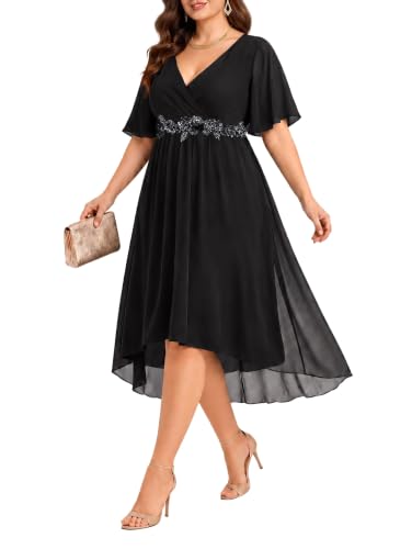 Plus Size Black Wedding Guest Dress - High Low Midi V Neck Dress Women