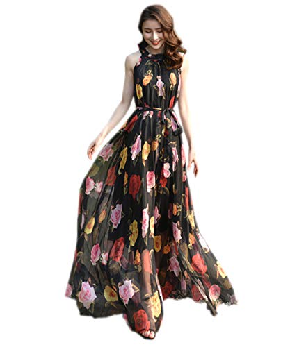 MedeShe Women's Summer Floral Long Beach Maxi Dress Lightweight Sundress (Small, Black Rose)