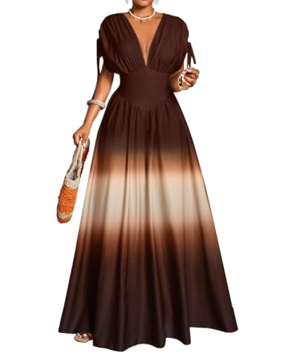 Women V Neck Short Sleeve Ombre Maxi Dress High Waist Wedding Guest