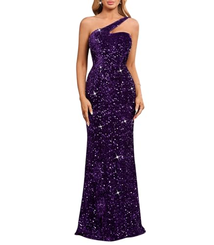 dasmzper Women's One Shoulder Sequin Evening Gown – Formal Maxi Dress for Wedding Guest, Prom, Cocktail Purple