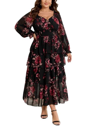 Plus Size Fall Wedding Guest Dress for Women Long Sleeve Floral Maxi Dress