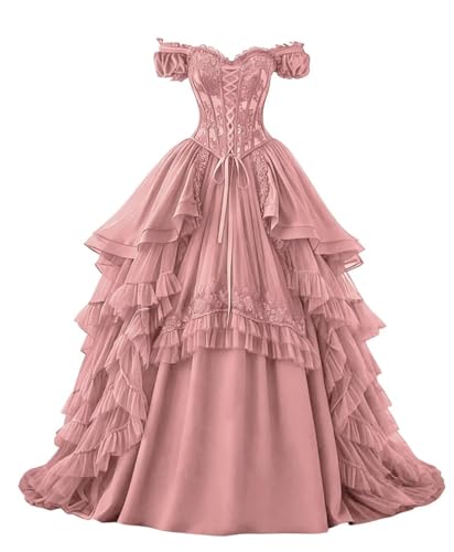 Haokeformal Vintage Victorian 1800 Wedding Dress with Cap Sleeves Tiered Puffy Ball Gown Prom Quinceanera Dress with Ruffles Dusty Rose 0