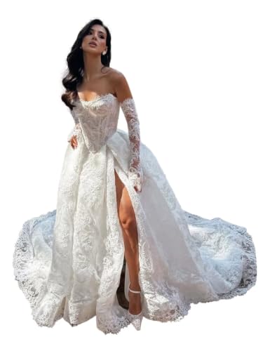 Plus Size Wedding Dresses for Bride Ivory Luxury Wedding Gowns with Slit Long Sleeve Lace Appliques Tulle Bride Dress US22W BYF03B11