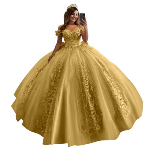Flihodaputa Sweetheart 3D Flower Ball Gowns Quinceanera Dresses with Bow Gold Off Shoulder Lace Applique Beaded Birthday Gowns for Teens Size8