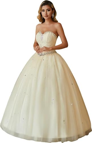 Likedpage Strapless Ball Gown with Colorful Rhinestones, Lace Bodice Floor Length Wedding Prom Dress US16 Champagne
