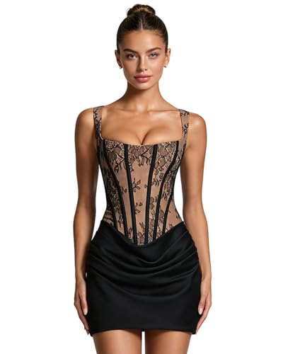 JUMISEE Women‘s Floral Lace Boning Corset Mini Dress Sexy Lace Up Bodycon Prom Dress Ruched Square Neck Party Gowns Black