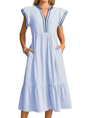 Mansy Womens Dresses Summer V-Neck Ruffle Cap Sleeve Empire Waist A-Line Striped Flowy Midi Beach Sundress Blue-XXL