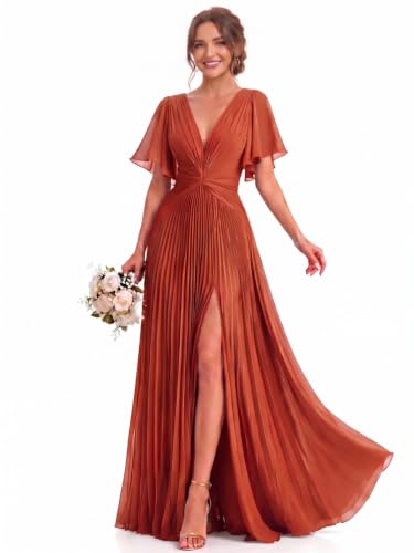 BABYONLINE D.R.E.S.S. Womens Bridesmaid Dresses Deep V Neck Pleated Flutter Ruffle Sleeves Chiffon Slit Formal Dress Burnt Orange 12