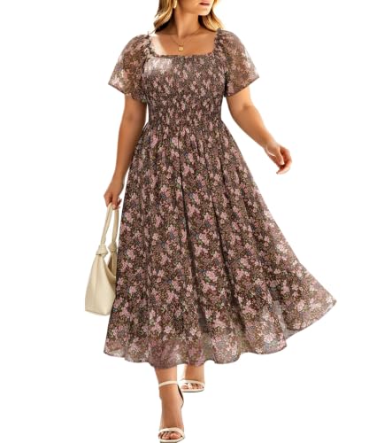 RITERA Plus Size Summer Dresses for Curvy Women Short Sleeve Smocked Maxi Wedding Guest Dress Womens Brown Floral Square Neck Spring Fall Casual Maternity Beach Chiffon Dresses Pockets XL 14W 16W