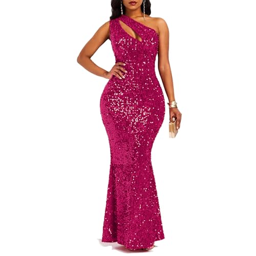 VERWIN Sequins Fashion Sleeveless Oblique Collar Mermaid Women's Maxi Dress Bodycon Dress Party Dress XXL Rose