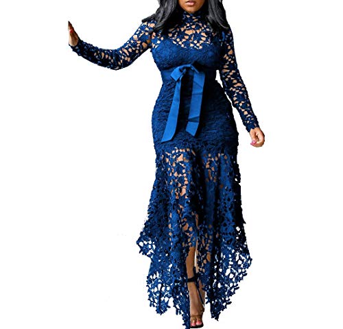 VERWIN Hollow Floor-Length Lace-Up Asymmetrical Women's Maxi Dress Sexy Lace Dress Party Evening Dress Blue L
