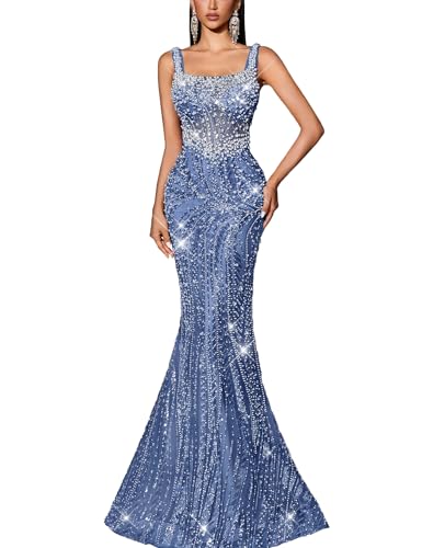 VOUIAO Women Beaded Mermaid Prom Dress Sequin Evening Gown Haze Blue S