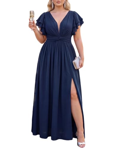 VOUIAO Women Plus Size Bridesmaid Wedding Guest Formal Dress Navy Blue 2XL | Curvy,Ruffle Sleeve,High Slit,Lace Up Back,Chiffon Prom Party Cocktail Evening Gown,Mother of the Bride Homecoming Maxi Gown