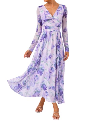 GRACE KARIN Long Sleeve Floral Maxi Formal Wedding Guest Dress Purple M